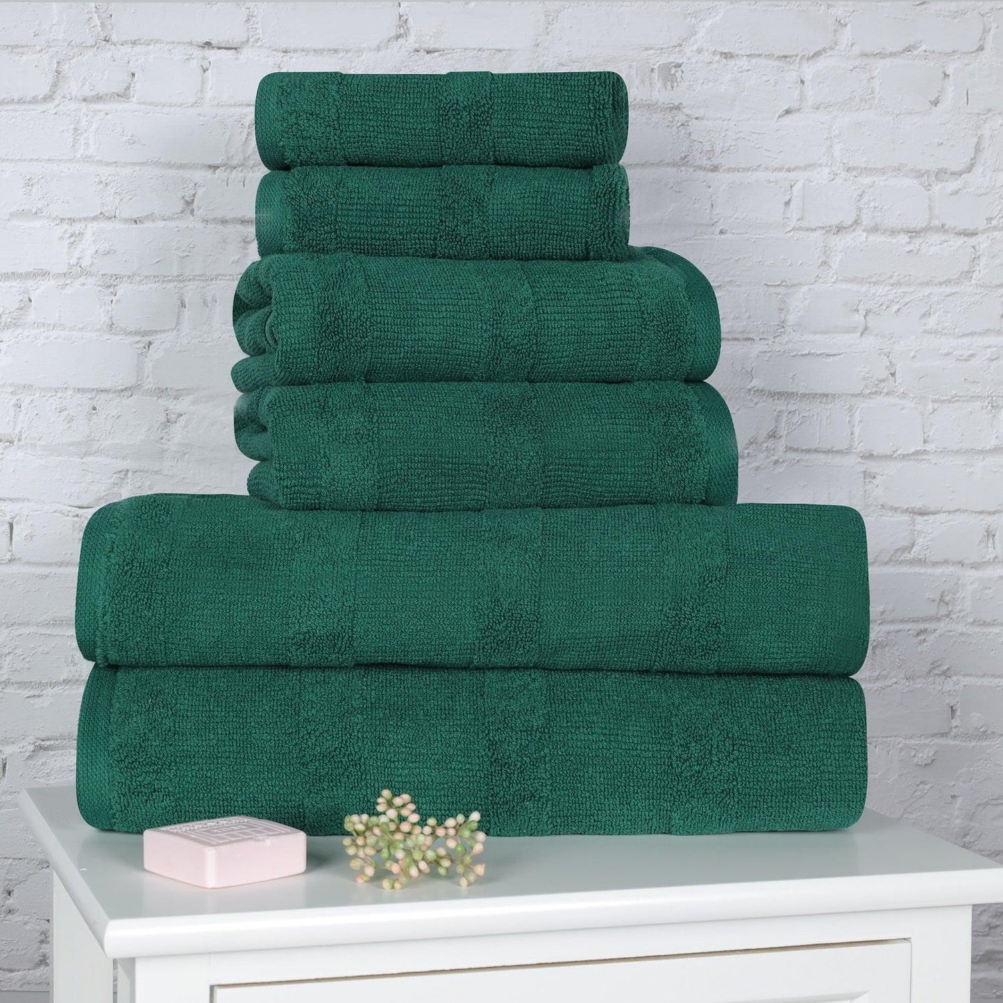 Ribbed Cotton Medium Weight 6 Piece Bath Towel Set - Evergreen