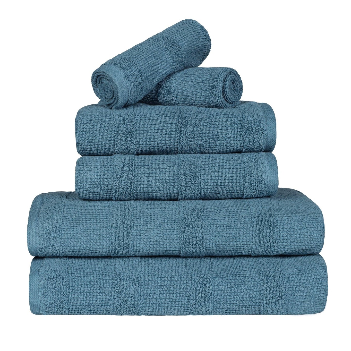 Ribbed Cotton Medium Weight 6 Piece Bath Towel Set - Denim Blue