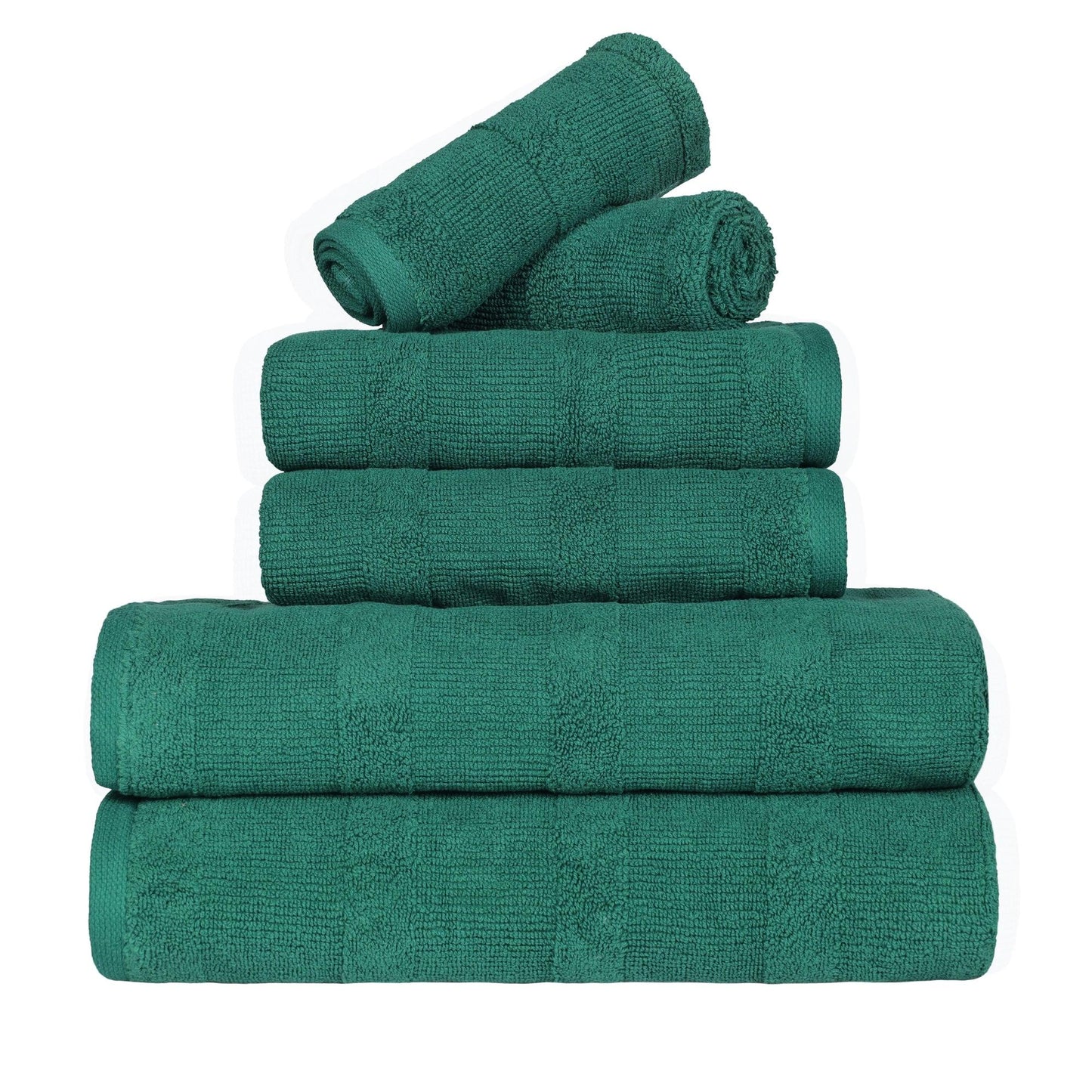 Ribbed Cotton Medium Weight 6 Piece Bath Towel Set - Evergreen