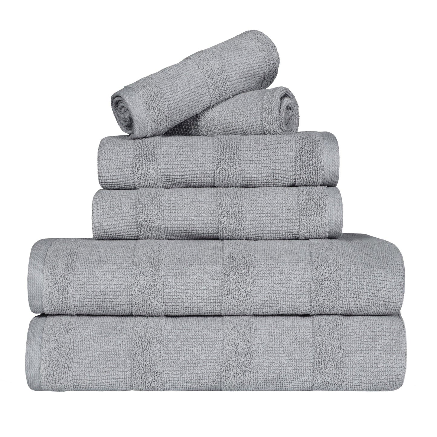 Ribbed Cotton Medium Weight 6 Piece Bath Towel Set - Silver