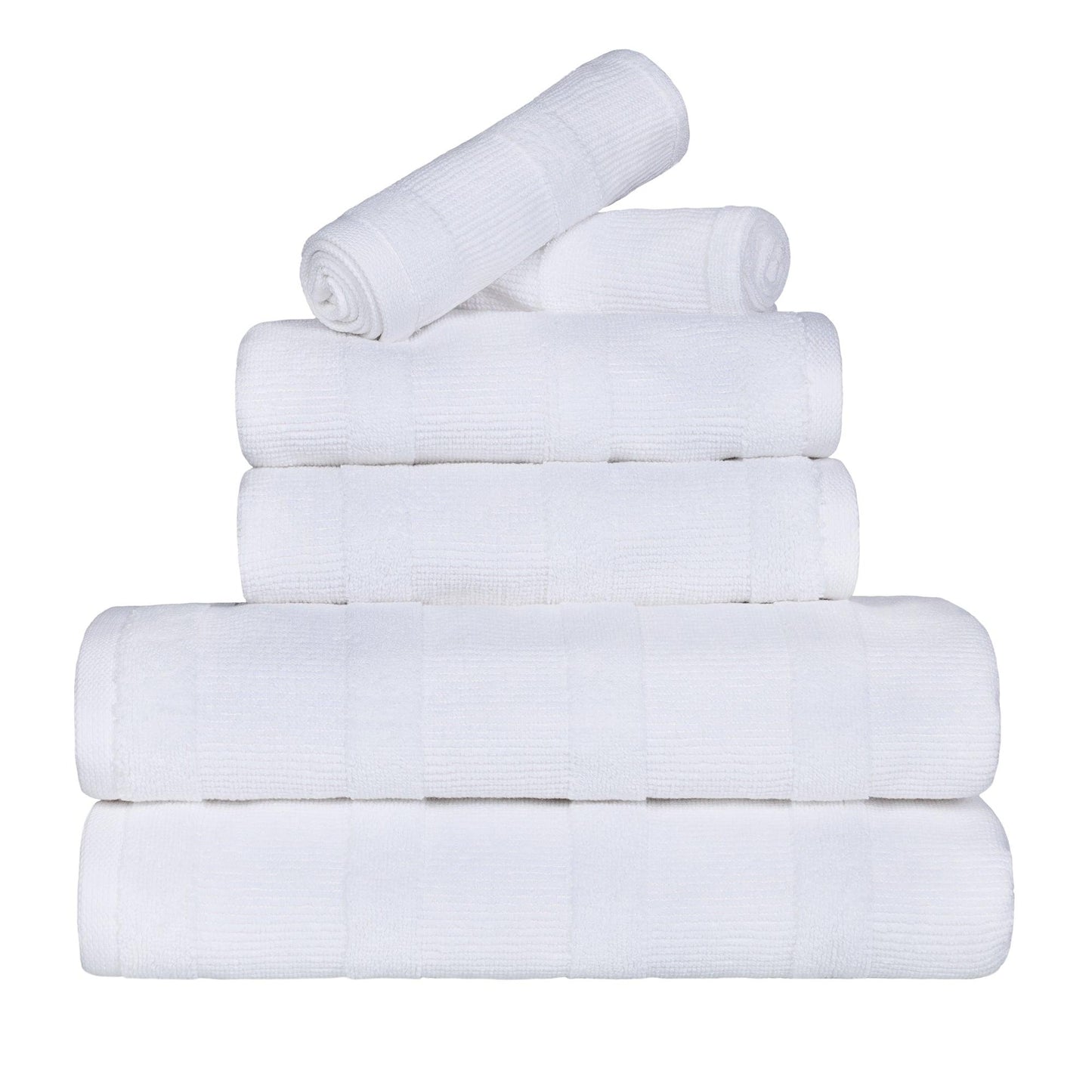 Ribbed Cotton Medium Weight 6 Piece Bath Towel Set - White