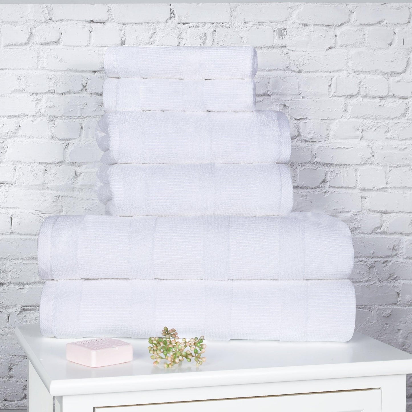 Ribbed Cotton Medium Weight 6 Piece Bath Towel Set - White