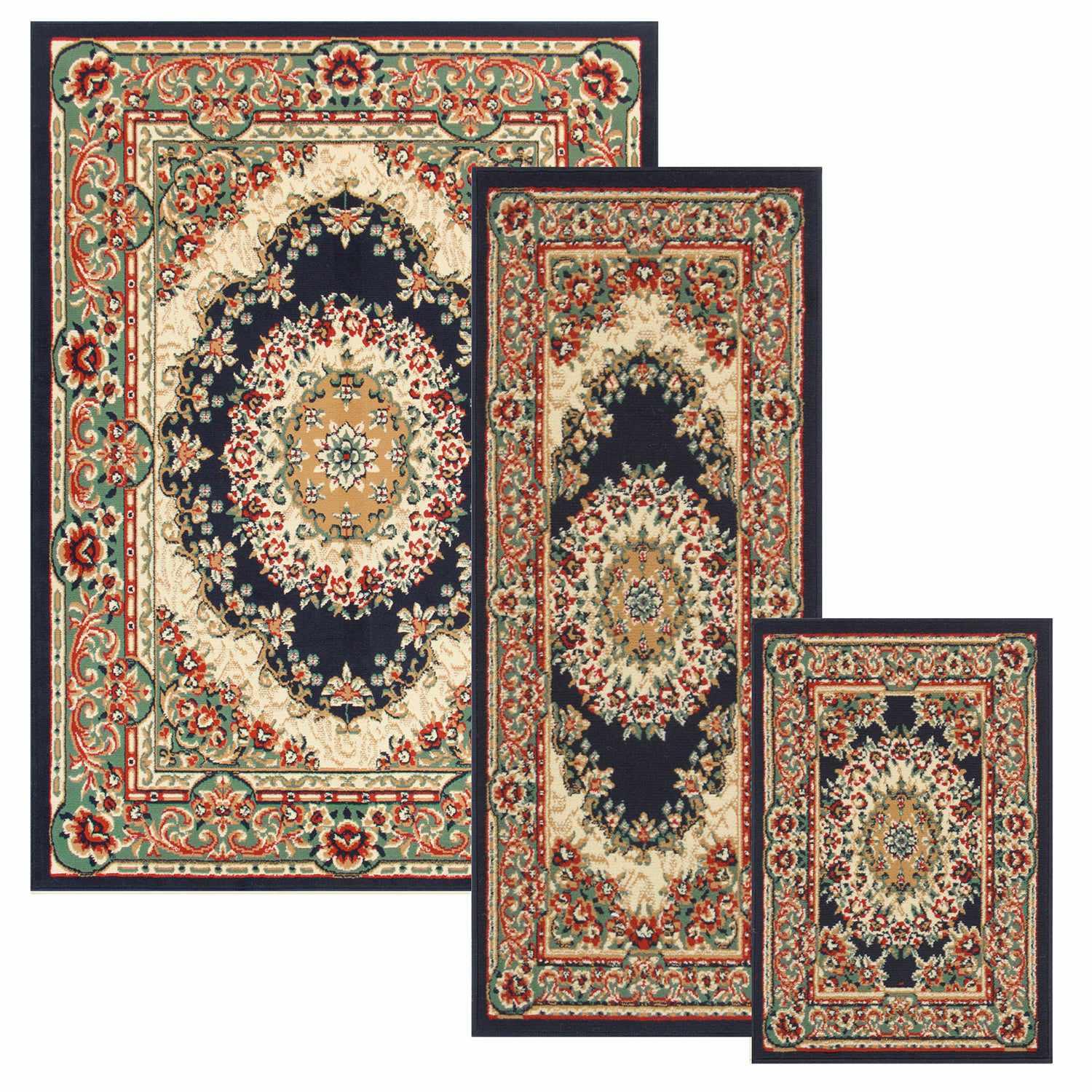 Superior Tayana Traditional Oriental Floral Medallion 3-Piece Indoor Area Rug Set - Midnight Blue