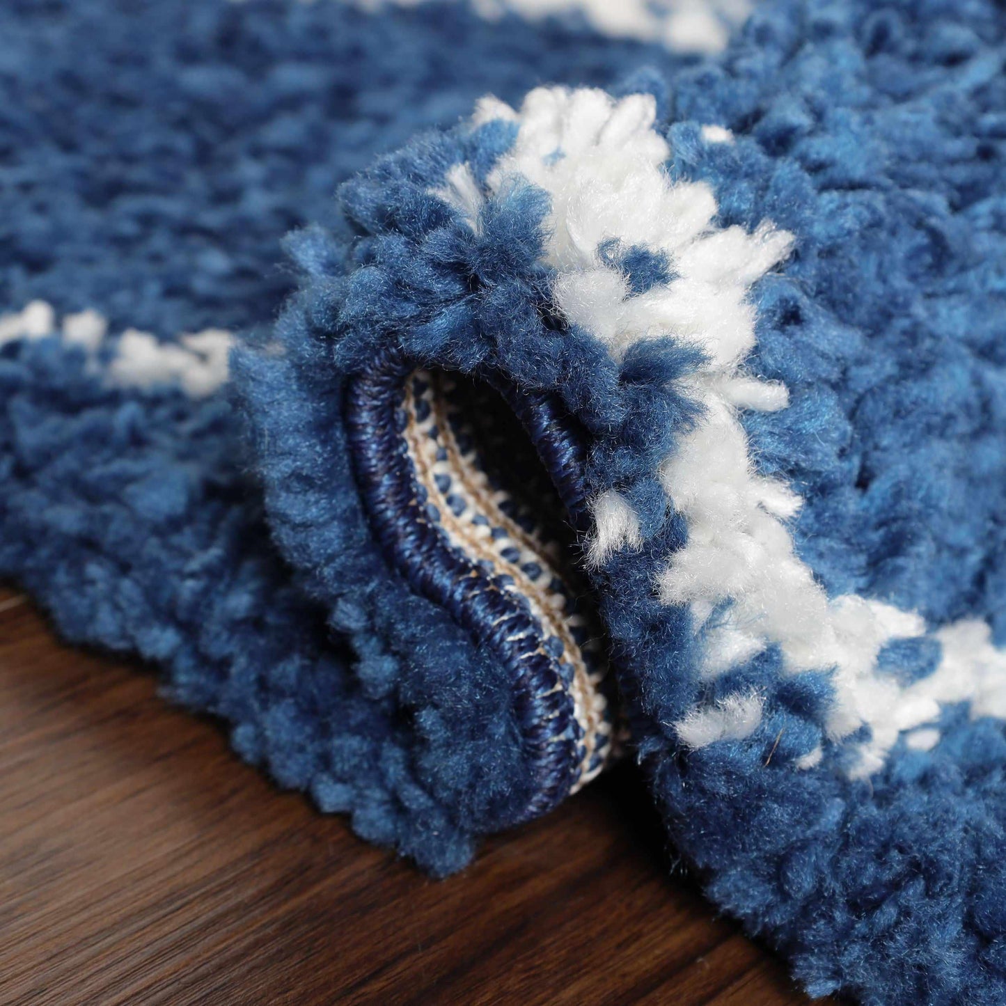 Superior Boho Geometric Diamonds Indoor Plush Shag Area Rug with Tassels - Cream-Blue