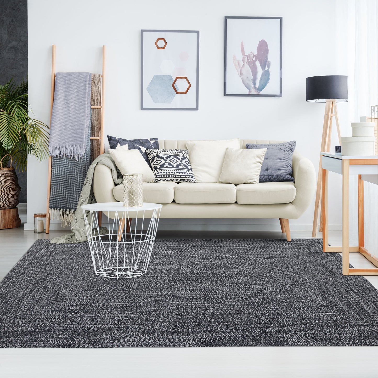 Multi Toned Braided Area Rug Bohemian Indoor Outdoor Rugs - Charcoal-White