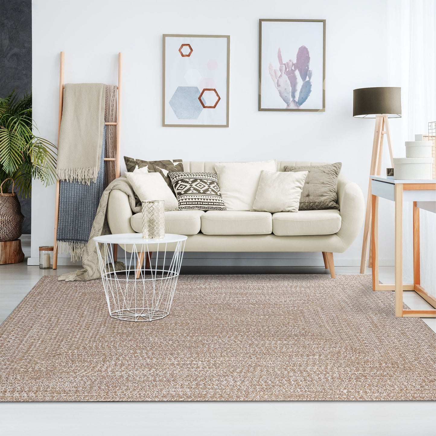 Multi Toned Braided Area Rug Bohemian Indoor Outdoor Rugs - Latte-White