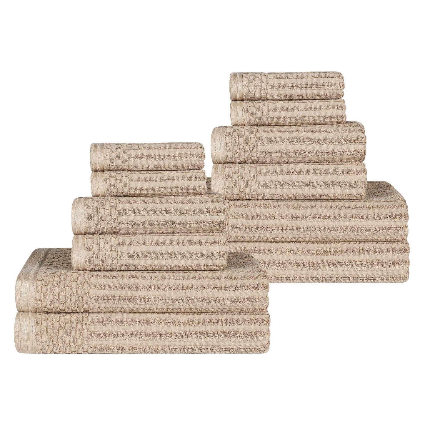 Ribbed Textured Cotton Medium Weight 12 Piece Towel Set - Ivory