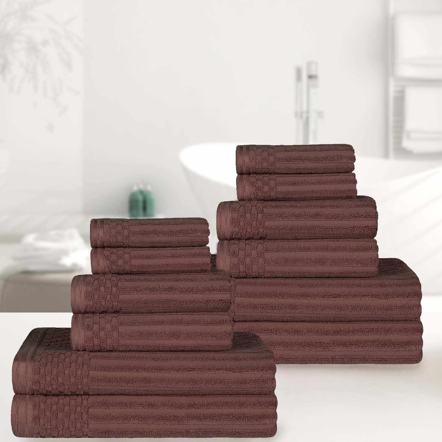 Ribbed Textured Cotton Medium Weight 12 Piece Towel Set - Java