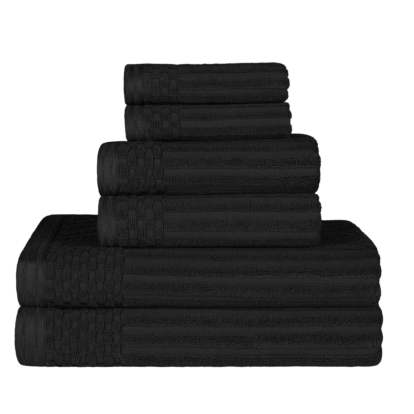 Ribbed Textured Cotton Medium Weight 6 Piece Towel Set - Black
