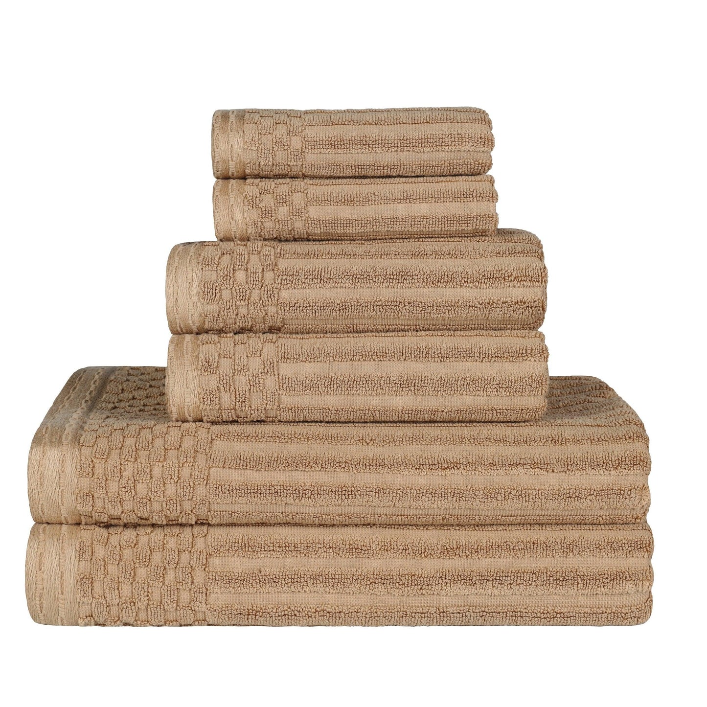 Ribbed Textured Cotton Medium Weight 6 Piece Towel Set - Coffee
