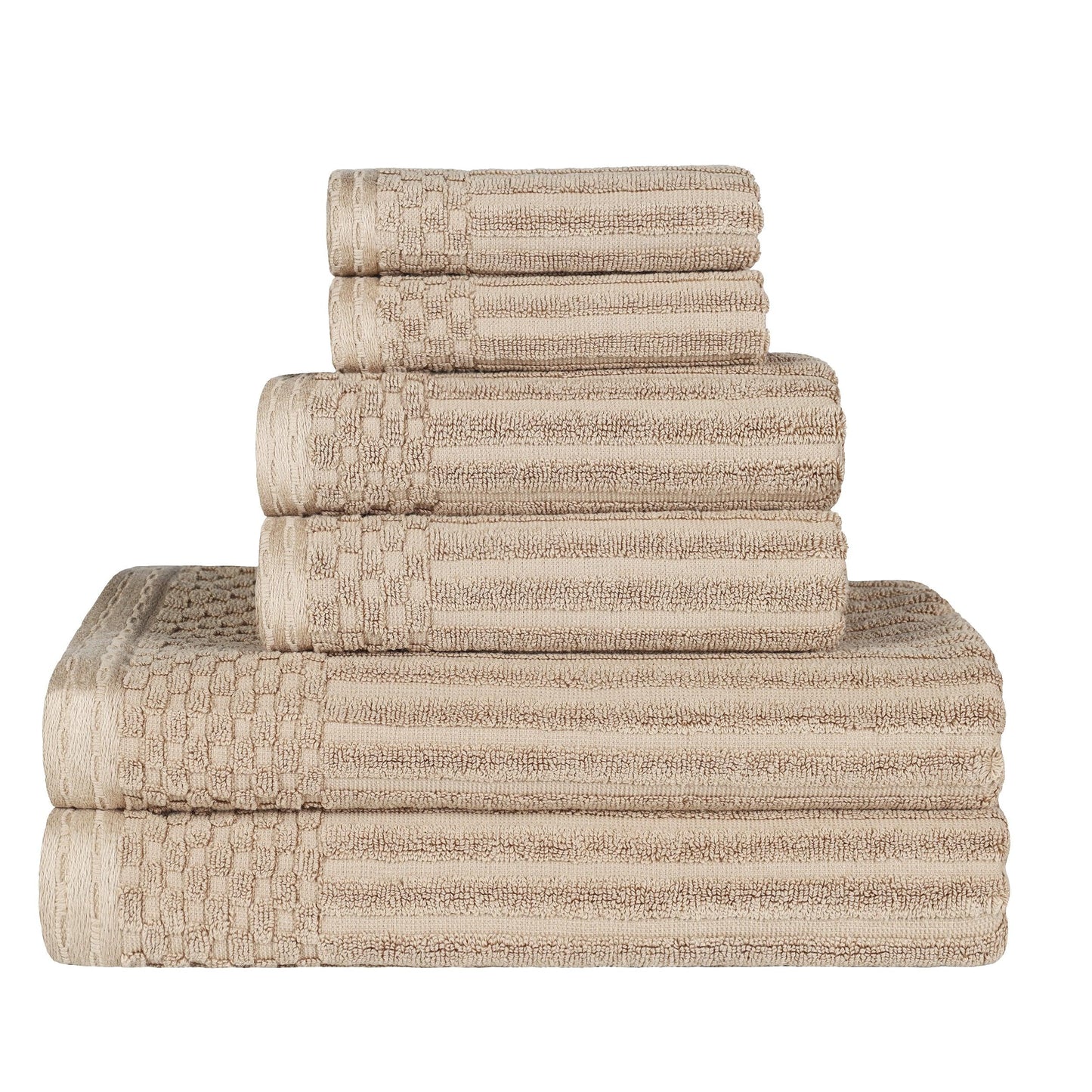 Ribbed Textured Cotton Medium Weight 6 Piece Towel Set - Ivory