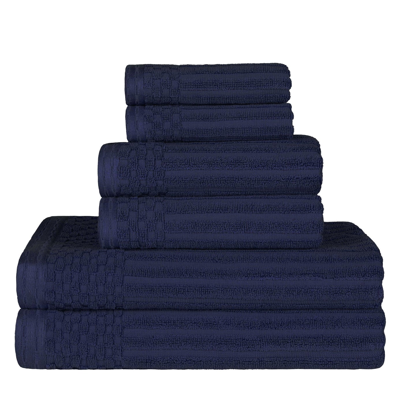 Ribbed Textured Cotton Medium Weight 6 Piece Towel Set - Navy Blue