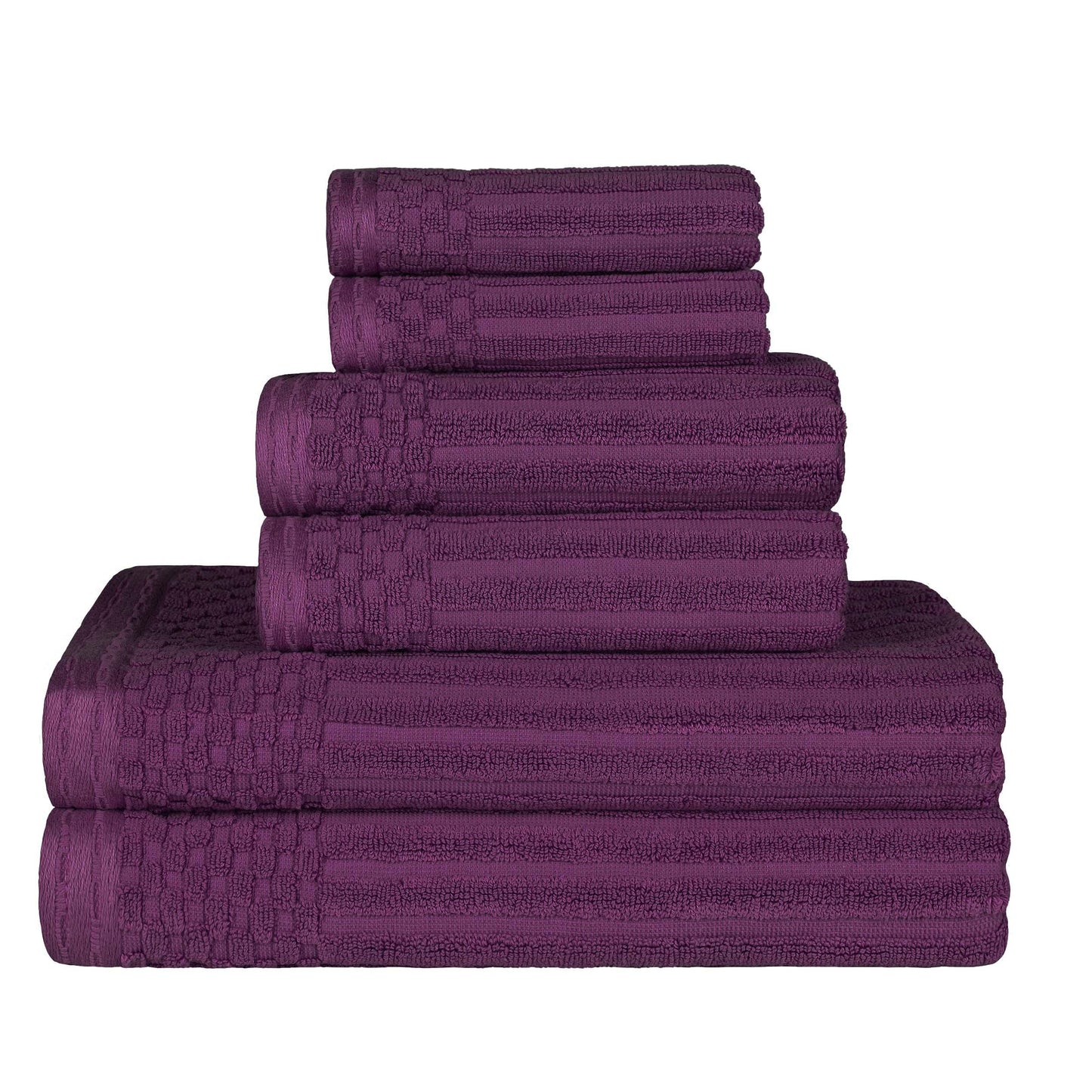 Ribbed Textured Cotton Medium Weight 6 Piece Towel Set - Plum