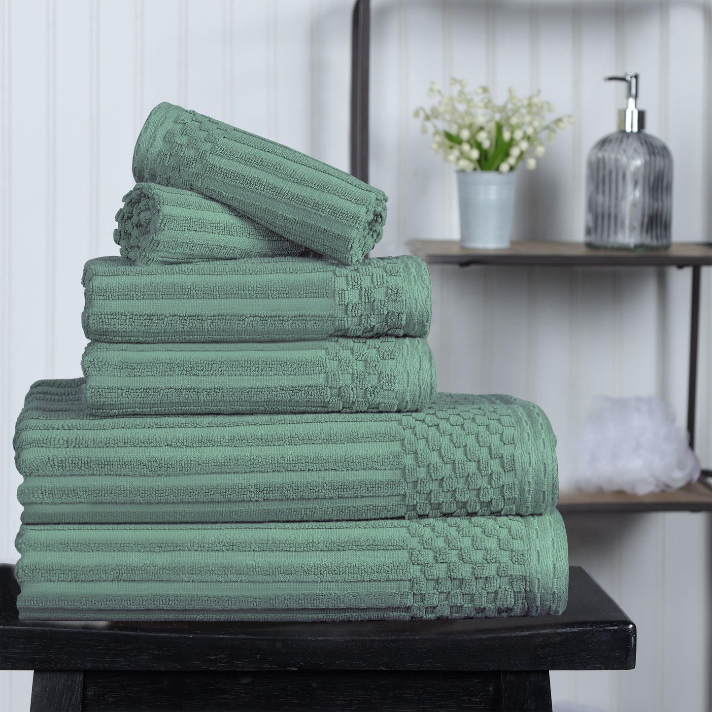 Ribbed Textured Cotton Medium Weight 6 Piece Towel Set - Basil
