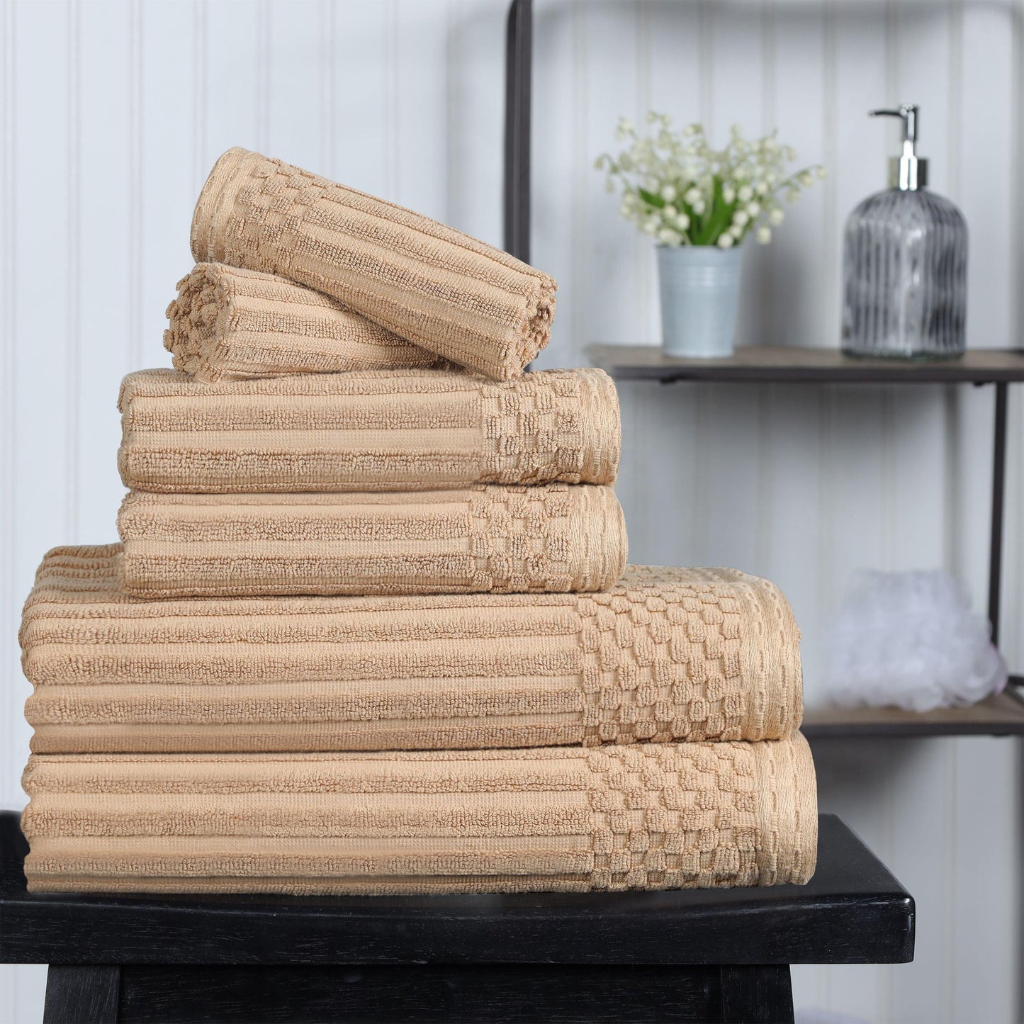 Ribbed Textured Cotton Medium Weight 6 Piece Towel Set - Coffee
