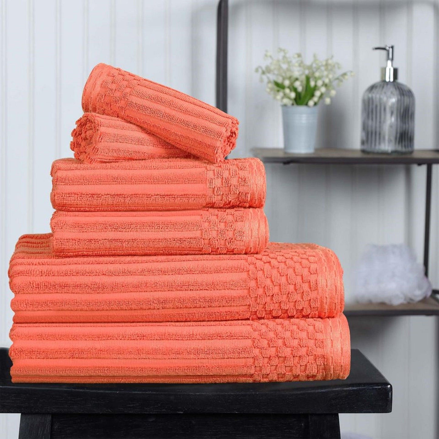 Ribbed Textured Cotton Medium Weight 6 Piece Towel Set - Coral