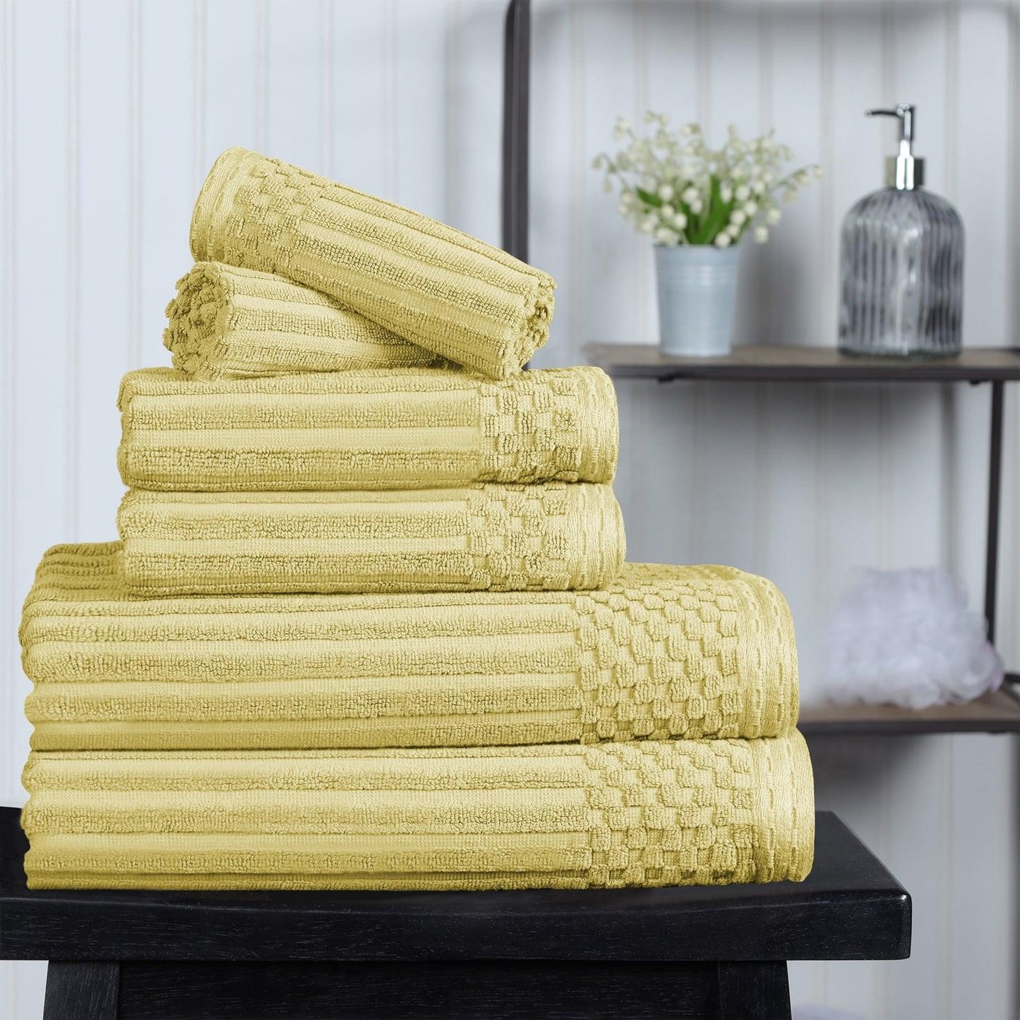 Ribbed Textured Cotton Medium Weight 6 Piece Towel Set - Golden Mist