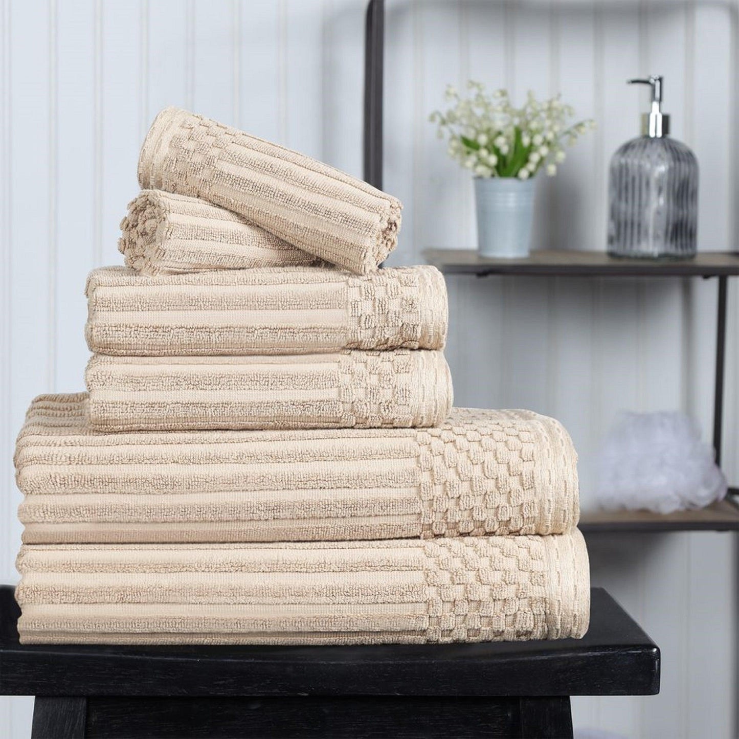 Ribbed Textured Cotton Medium Weight 6 Piece Towel Set - Ivory