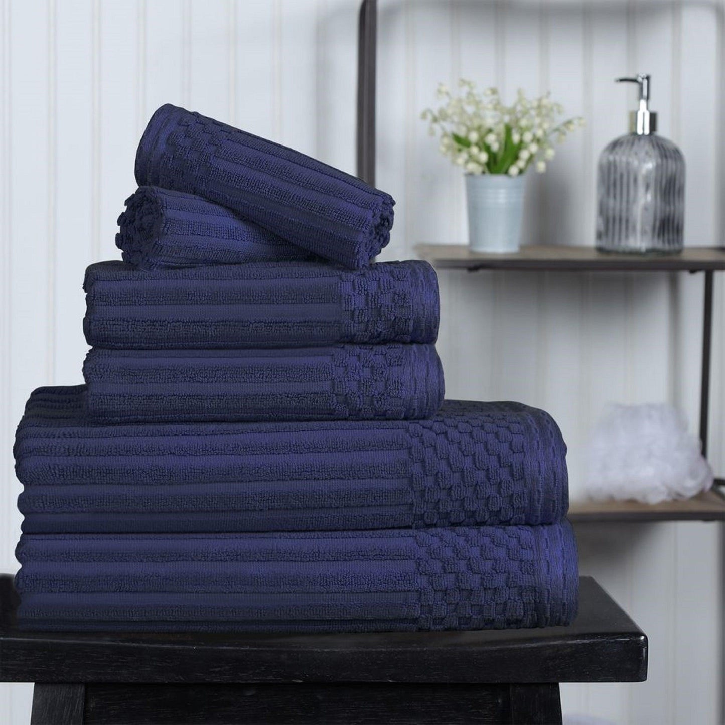 Ribbed Textured Cotton Medium Weight 6 Piece Towel Set - Navy Blue