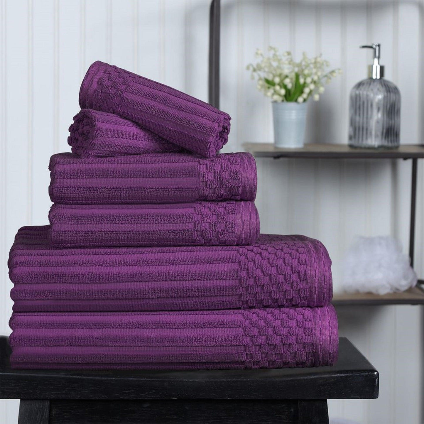 Ribbed Textured Cotton Medium Weight 6 Piece Towel Set - Plum