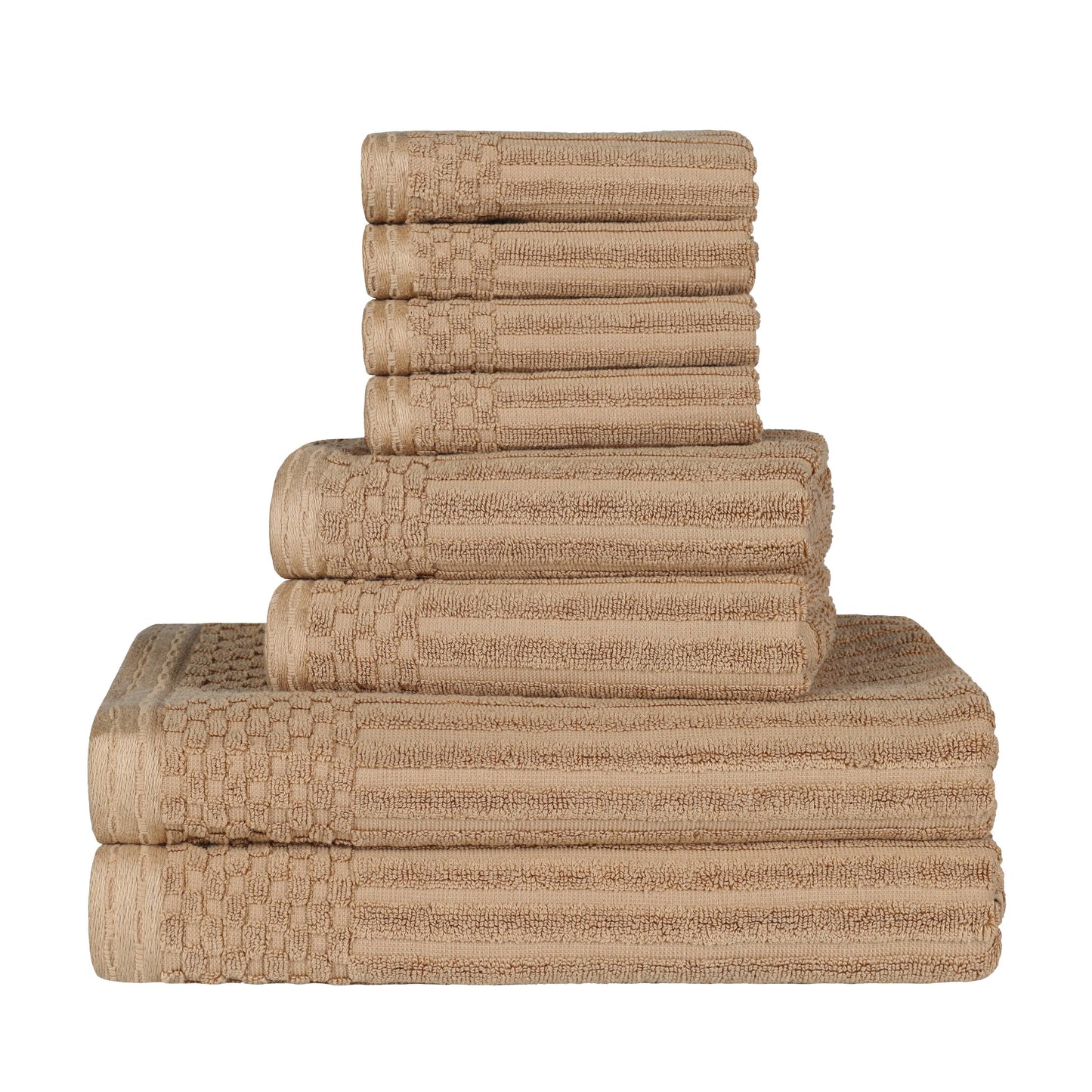 Ribbed Textured Cotton Medium Weight 8 Piece Towel Set - Coffee