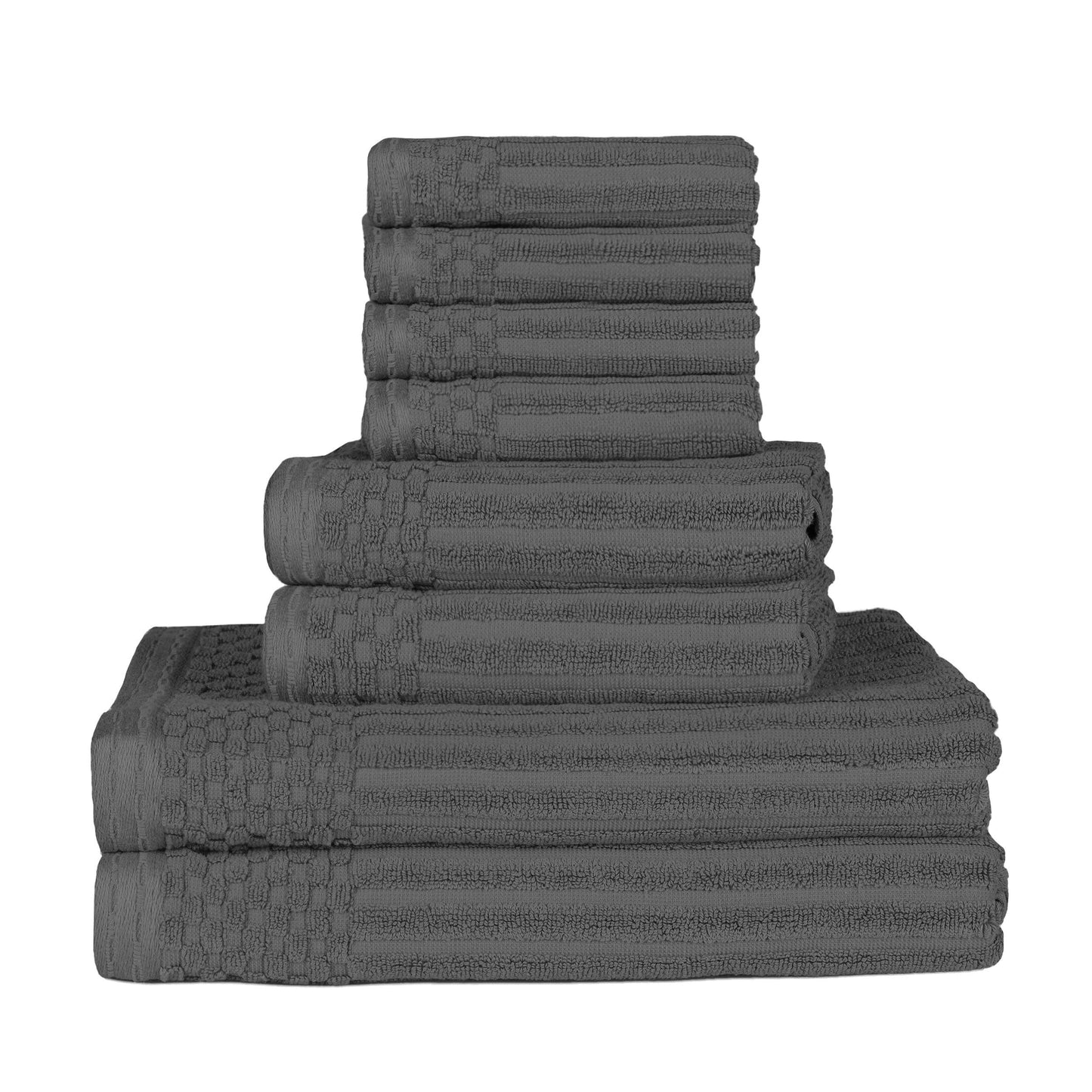 Ribbed Textured Cotton Medium Weight 8 Piece Towel Set - Charcoal