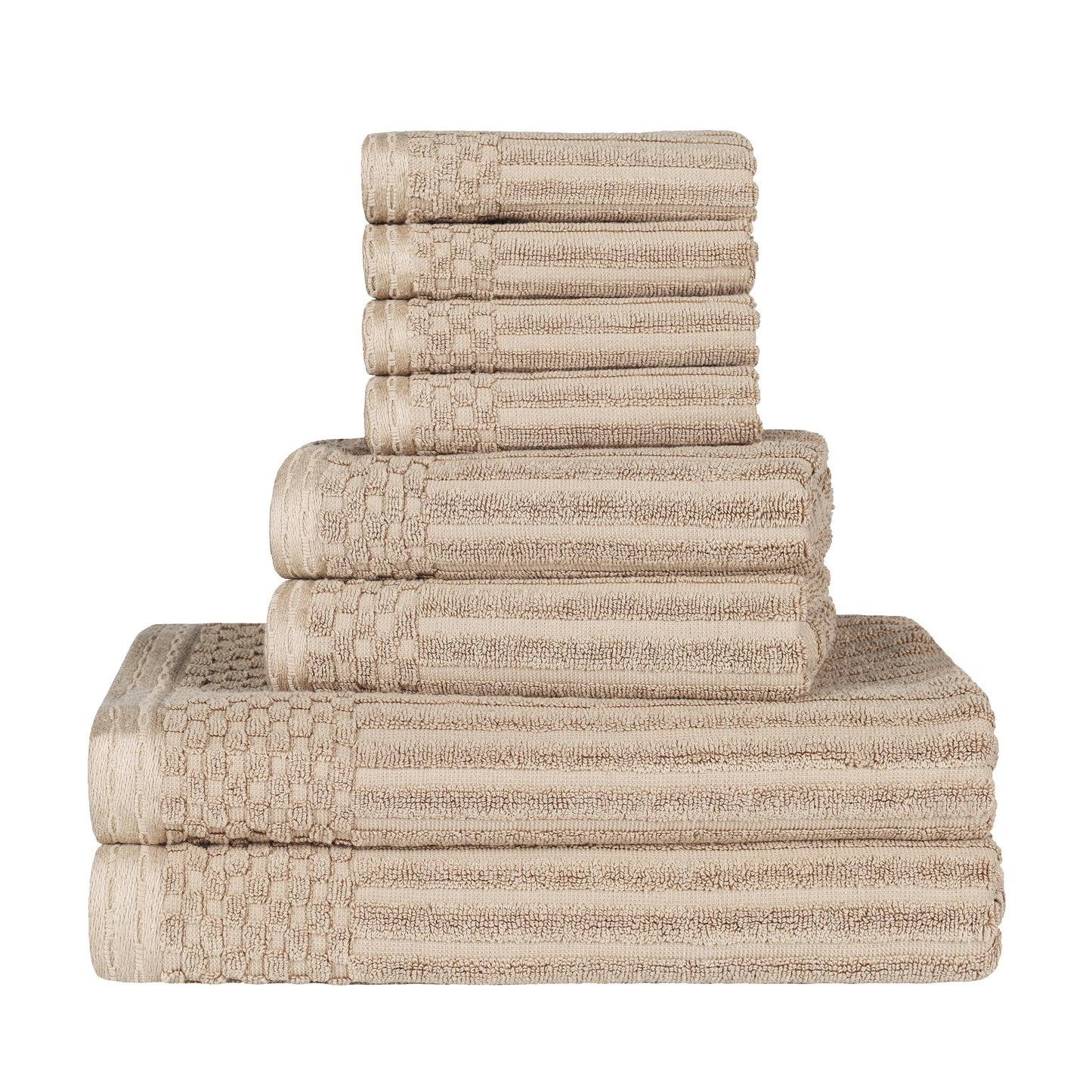 Ribbed Textured Cotton Medium Weight 8 Piece Towel Set - Ivory