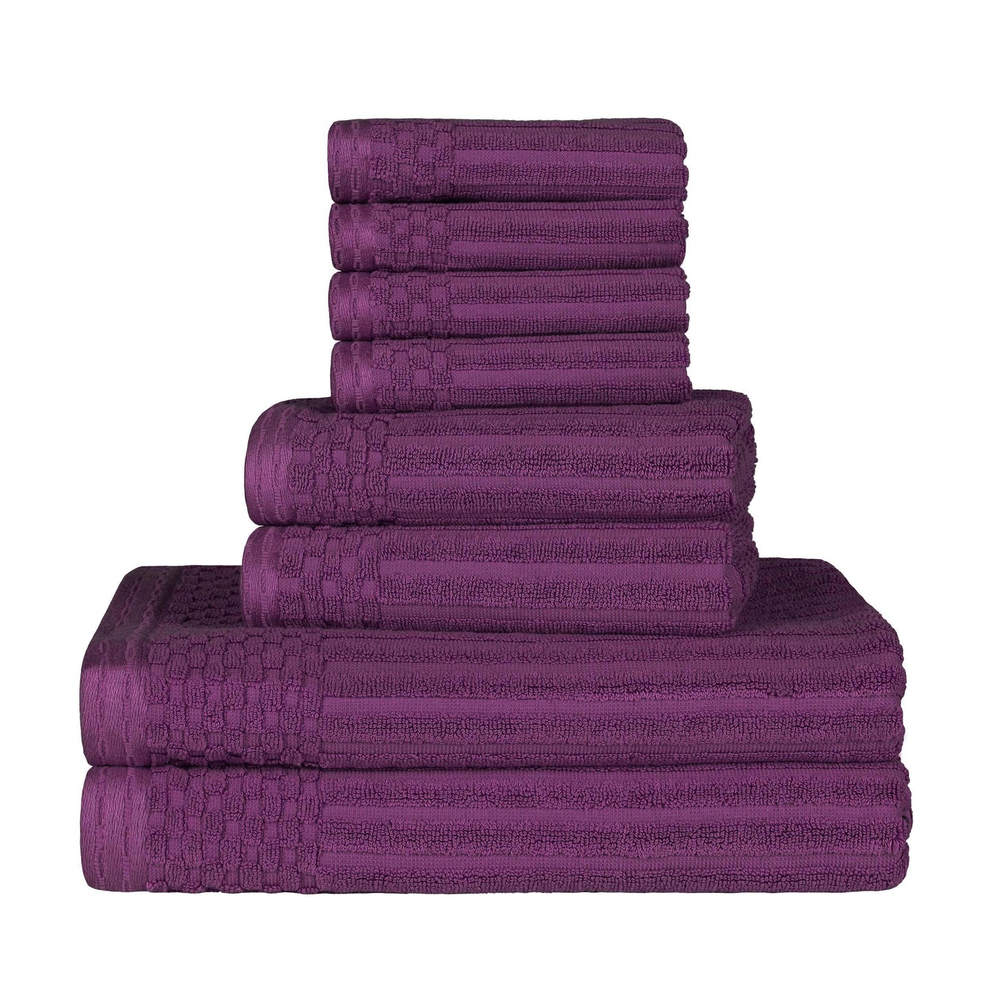 Ribbed Textured Cotton Medium Weight 8 Piece Towel Set - Plum