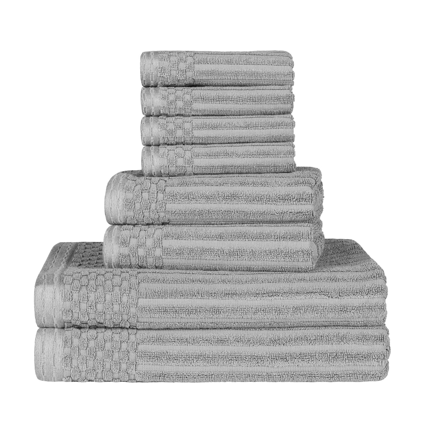 Ribbed Textured Cotton Medium Weight 8 Piece Towel Set - Silver