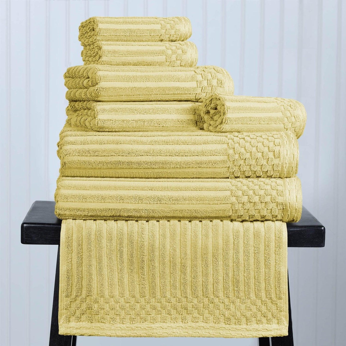 Ribbed Textured Cotton Medium Weight 8 Piece Towel Set - Golden Mist