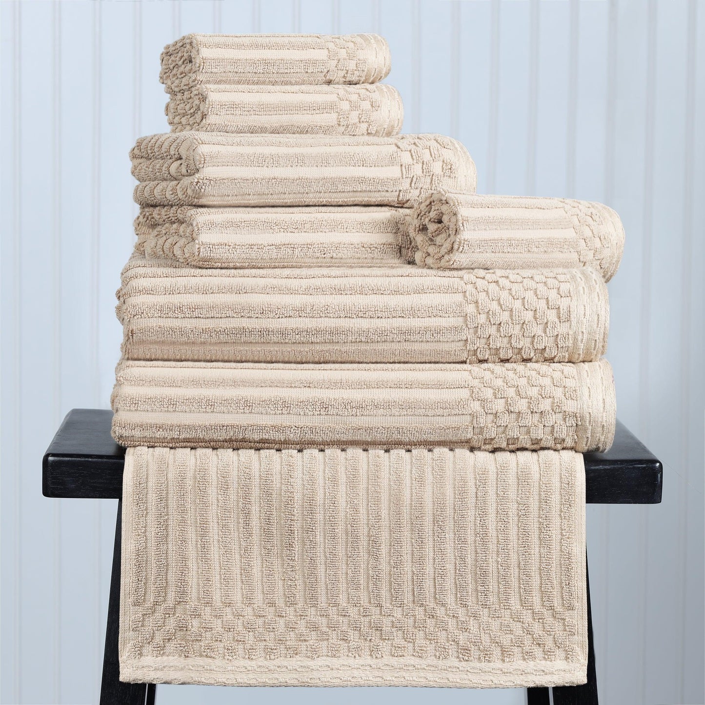 Ribbed Textured Cotton Medium Weight 8 Piece Towel Set - Ivory