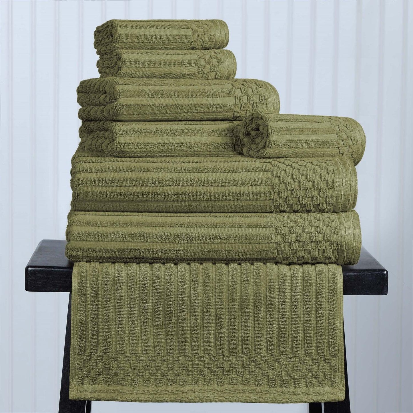 Ribbed Textured Cotton Medium Weight 8 Piece Towel Set - Sage
