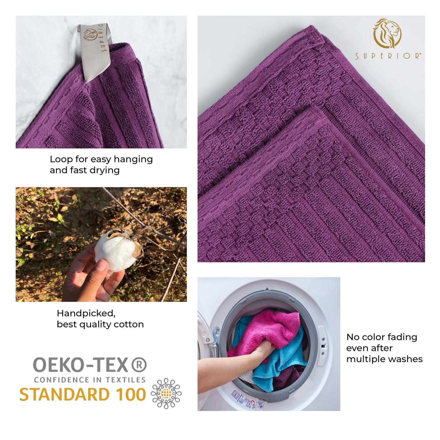 Ribbed Textured Cotton Medium Weight 6 Piece Towel Set - Plum