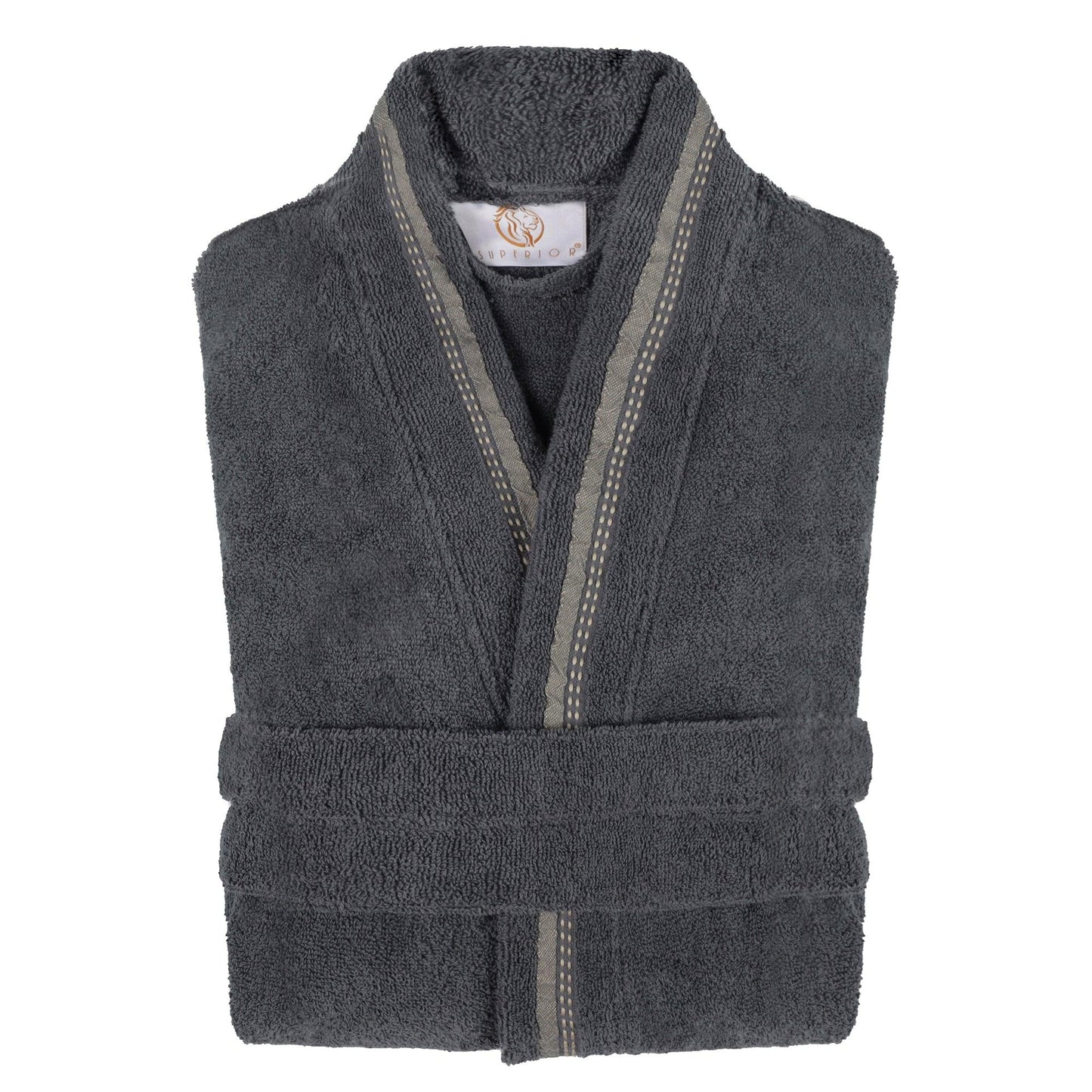 Turkish Cotton Terry Kimono Embroidered Super-Soft Unisex Bathrobe - Grey-Stone