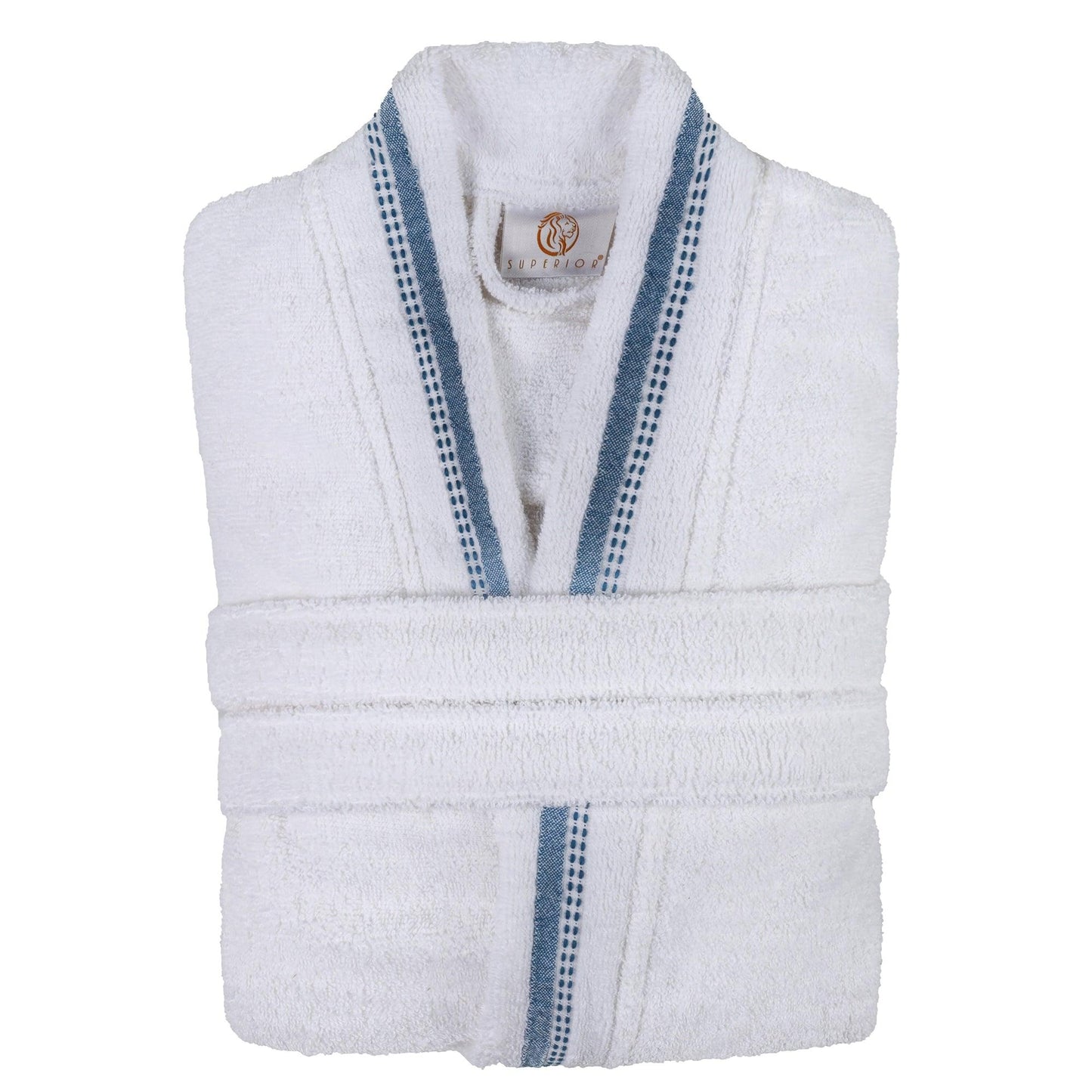 Turkish Cotton Terry Kimono Embroidered Super-Soft Unisex Bathrobe - White-Blue