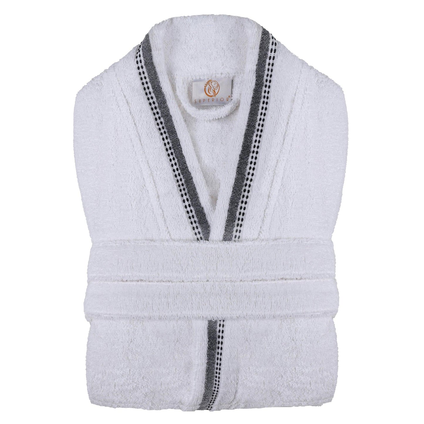 Turkish Cotton Terry Kimono Embroidered Super-Soft Unisex Bathrobe - White-Grey