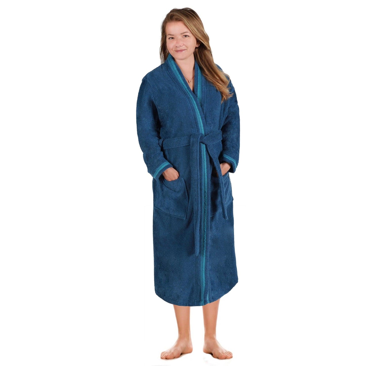 Turkish Cotton Terry Kimono Embroidered Super-Soft Unisex Bathrobe - Blue-Aqua