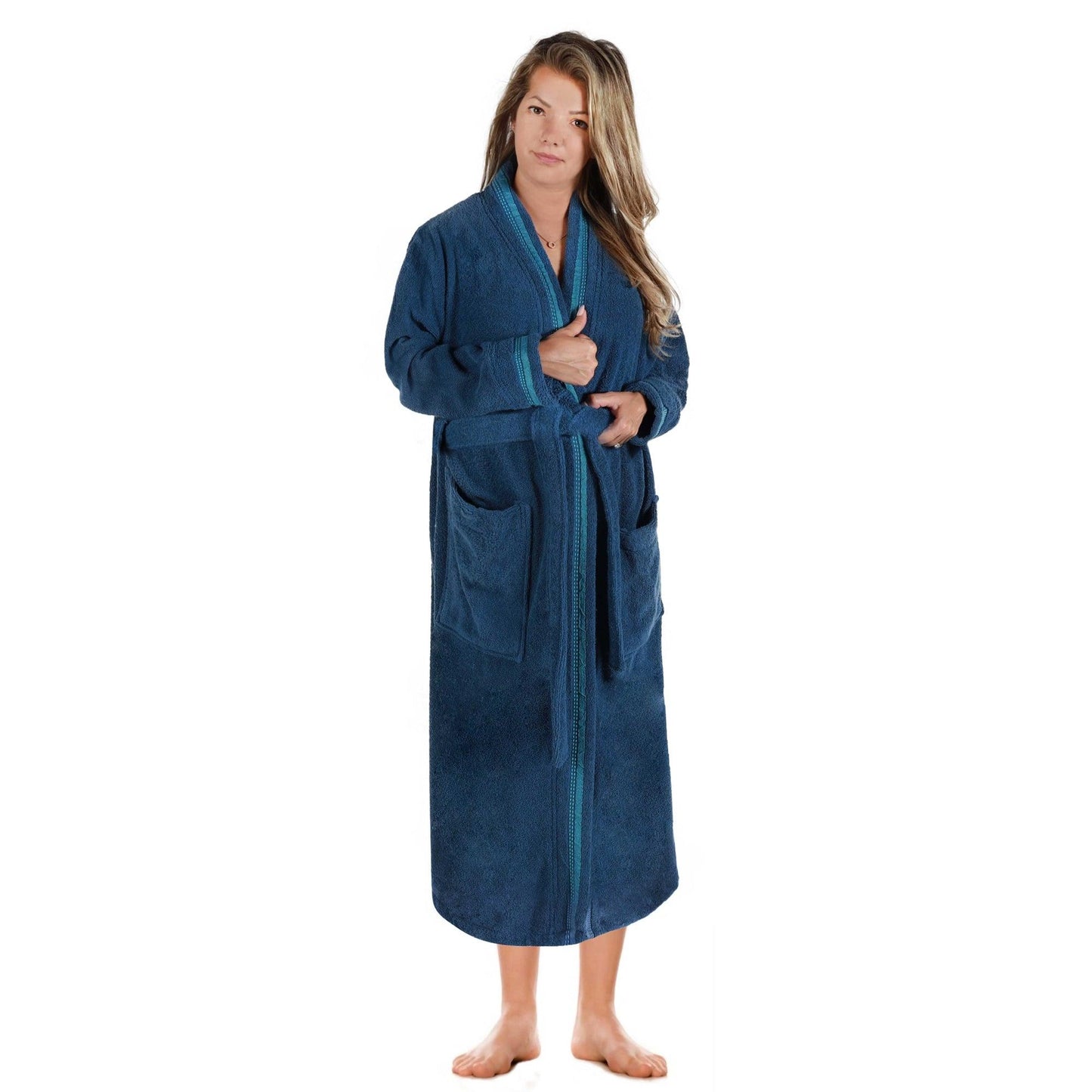 Turkish Cotton Terry Kimono Embroidered Super-Soft Unisex Bathrobe - Blue-Aqua