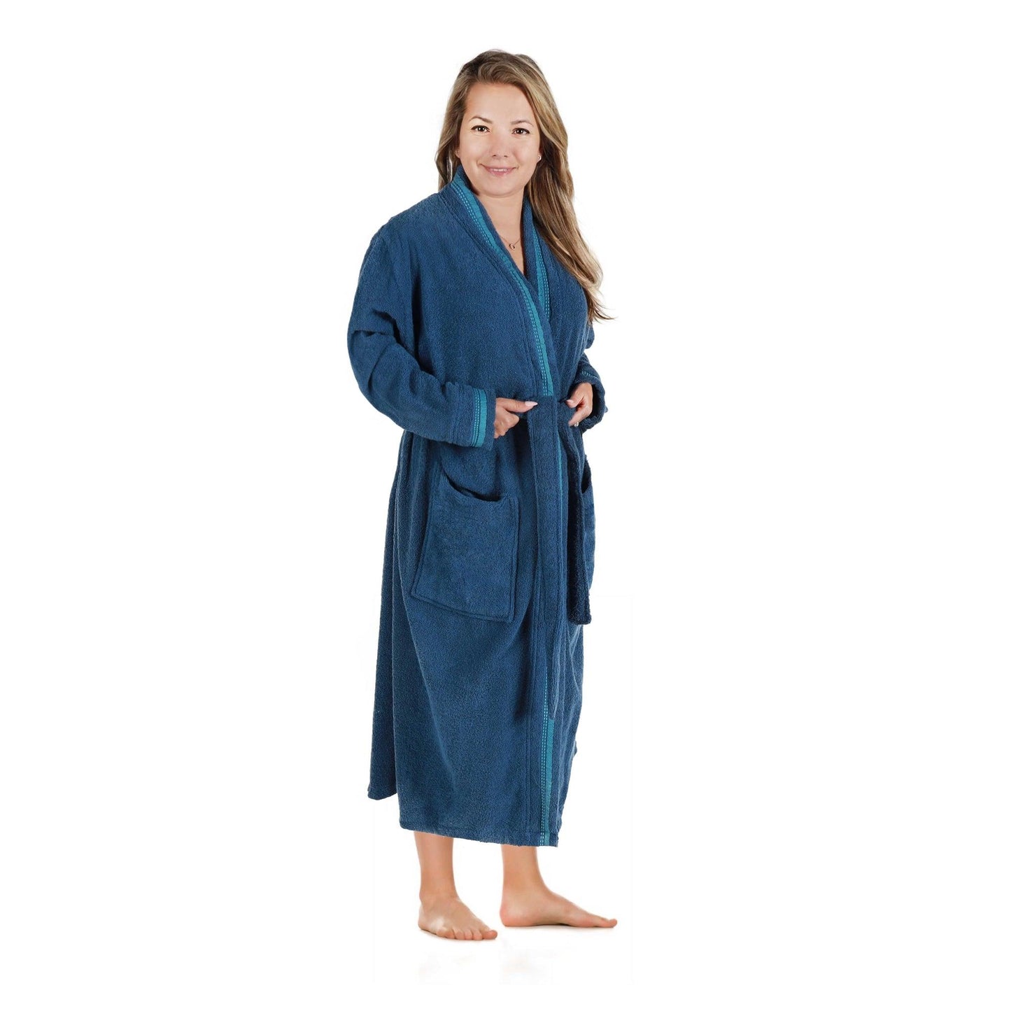 Turkish Cotton Terry Kimono Embroidered Super-Soft Unisex Bathrobe - Blue-Aqua
