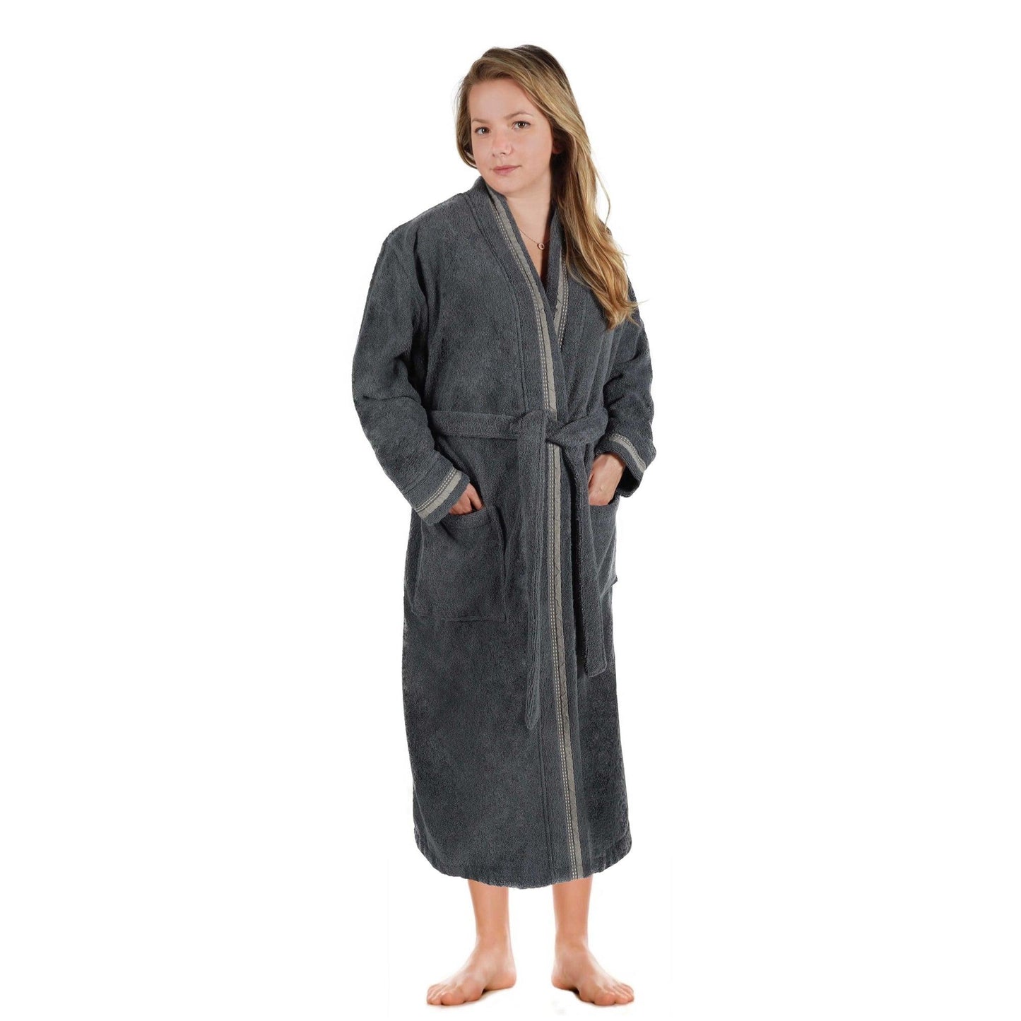 Turkish Cotton Terry Kimono Embroidered Super-Soft Unisex Bathrobe - Grey-Stone