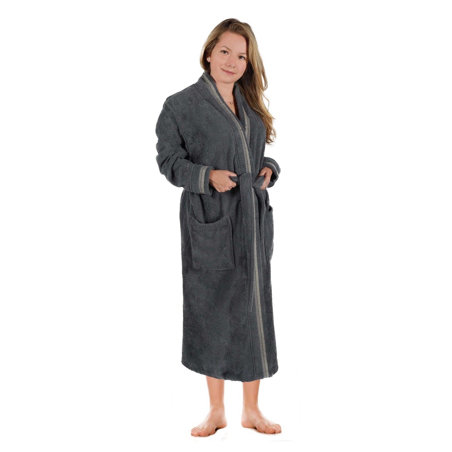 Turkish Cotton Terry Kimono Embroidered Super-Soft Unisex Bathrobe - Grey-Stone