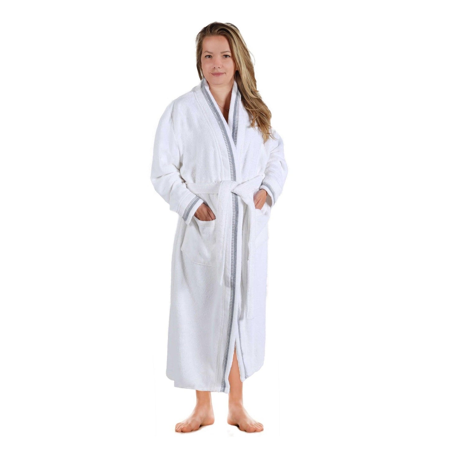 Turkish Cotton Terry Kimono Embroidered Super-Soft Unisex Bathrobe - Grey-White