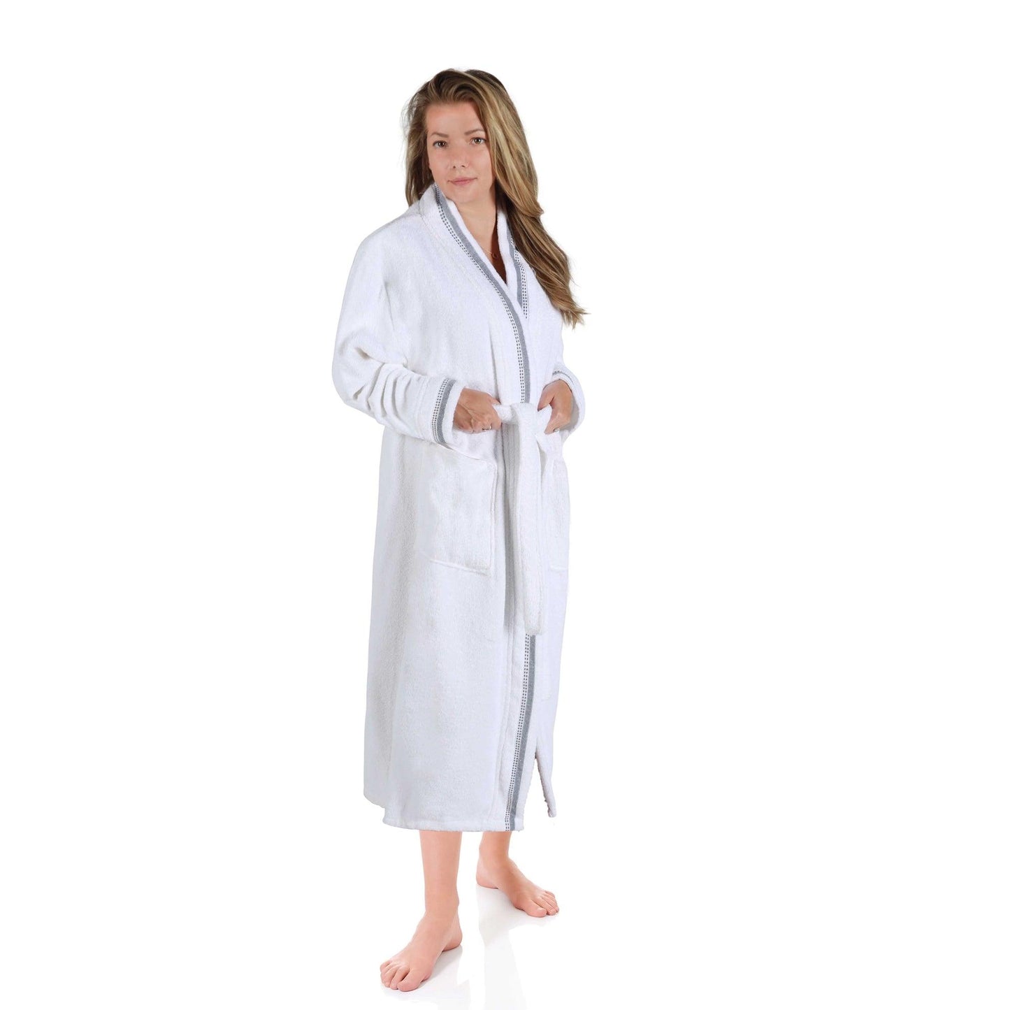 Turkish Cotton Terry Kimono Embroidered Super-Soft Unisex Bathrobe - Grey-White