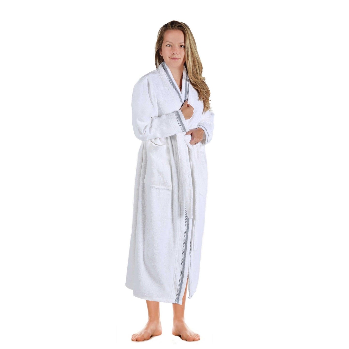 Turkish Cotton Terry Kimono Embroidered Super-Soft Unisex Bathrobe - Grey-White