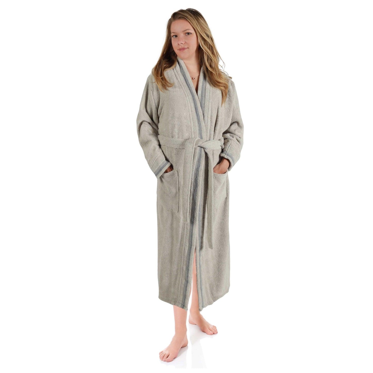 Turkish Cotton Terry Kimono Embroidered Super-Soft Unisex Bathrobe - Stone-Grey