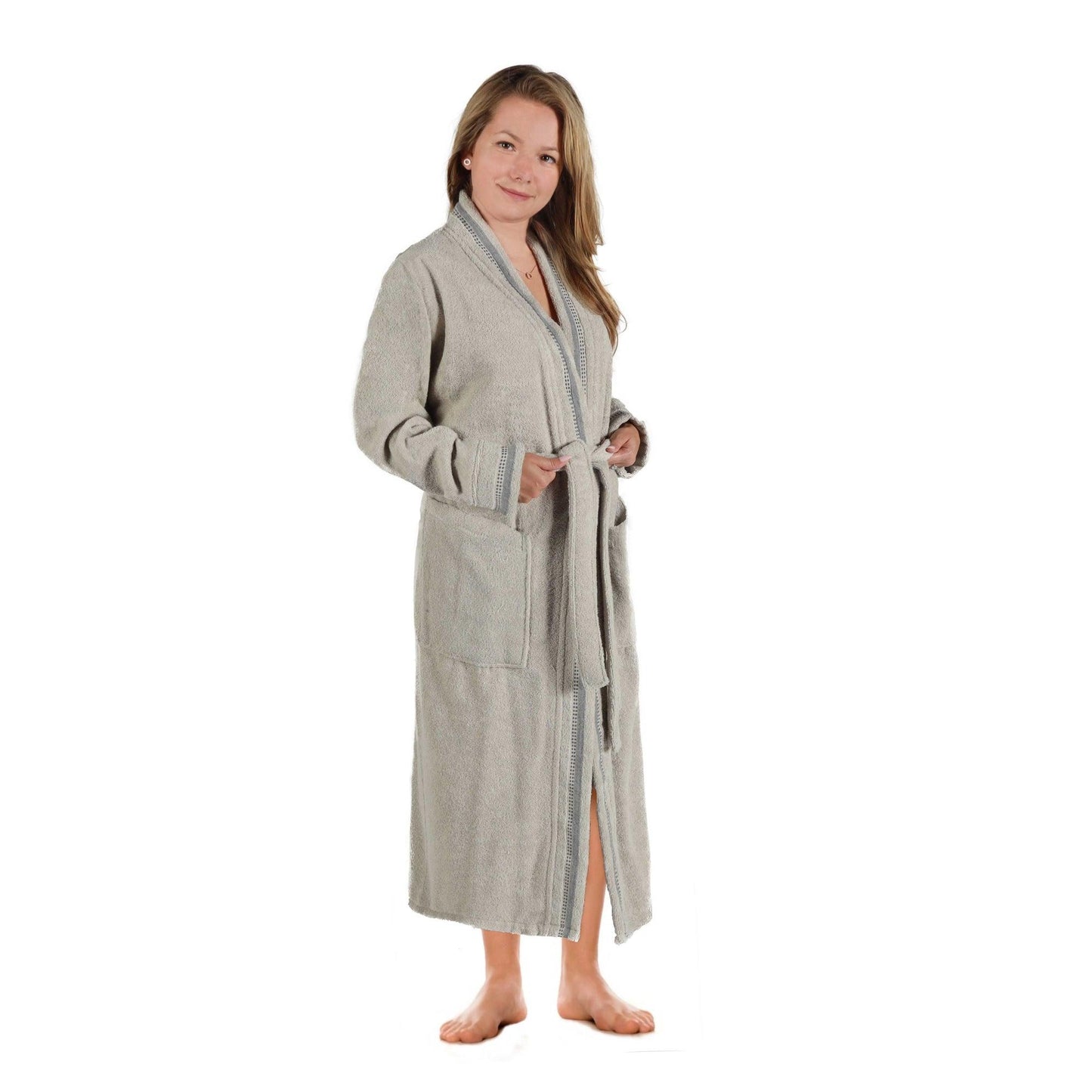 Turkish Cotton Terry Kimono Embroidered Super-Soft Unisex Bathrobe - Stone-Grey