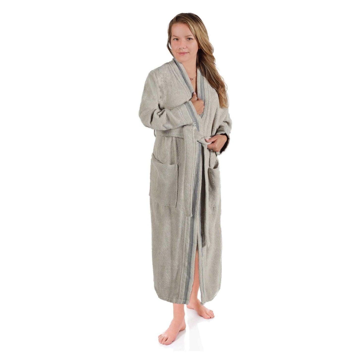 Turkish Cotton Terry Kimono Embroidered Super-Soft Unisex Bathrobe - Stone-Grey