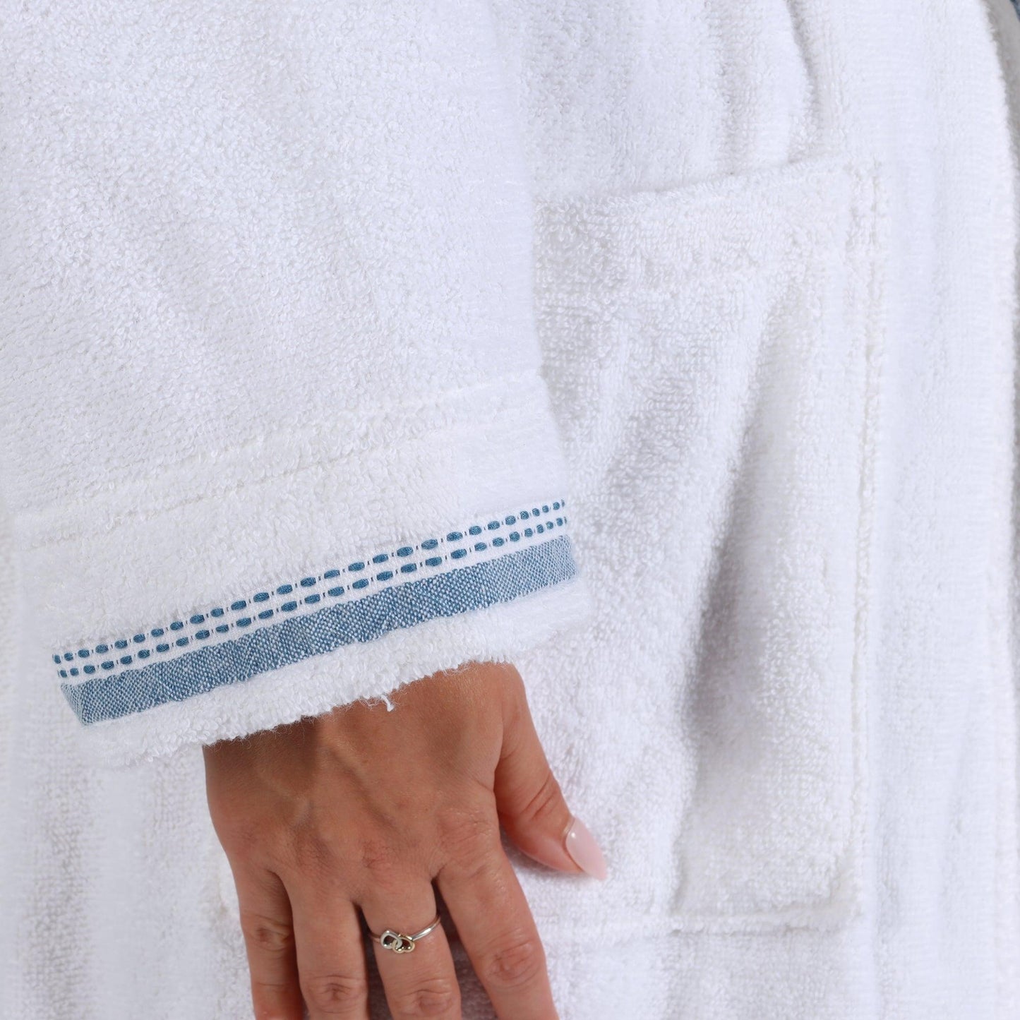 Turkish Cotton Terry Kimono Embroidered Super-Soft Unisex Bathrobe - White-Blue