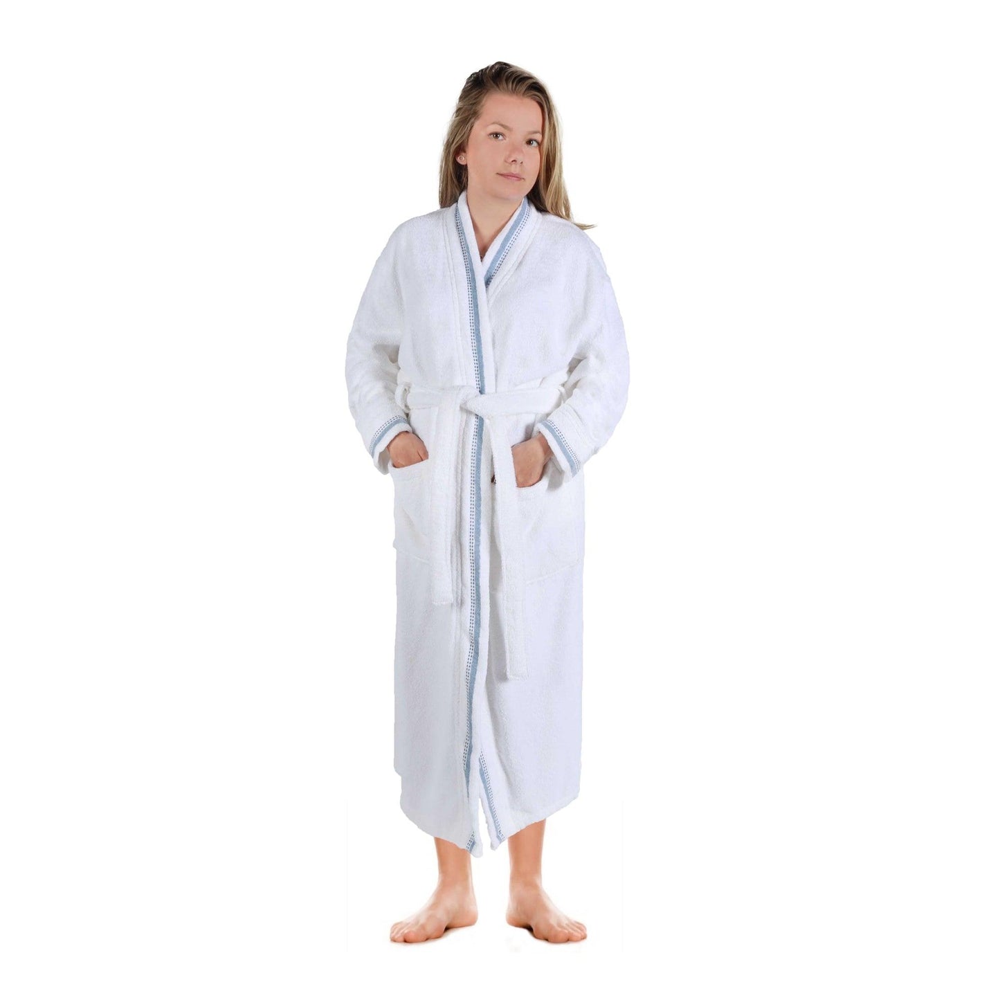 Turkish Cotton Terry Kimono Embroidered Super-Soft Unisex Bathrobe - White-Blue