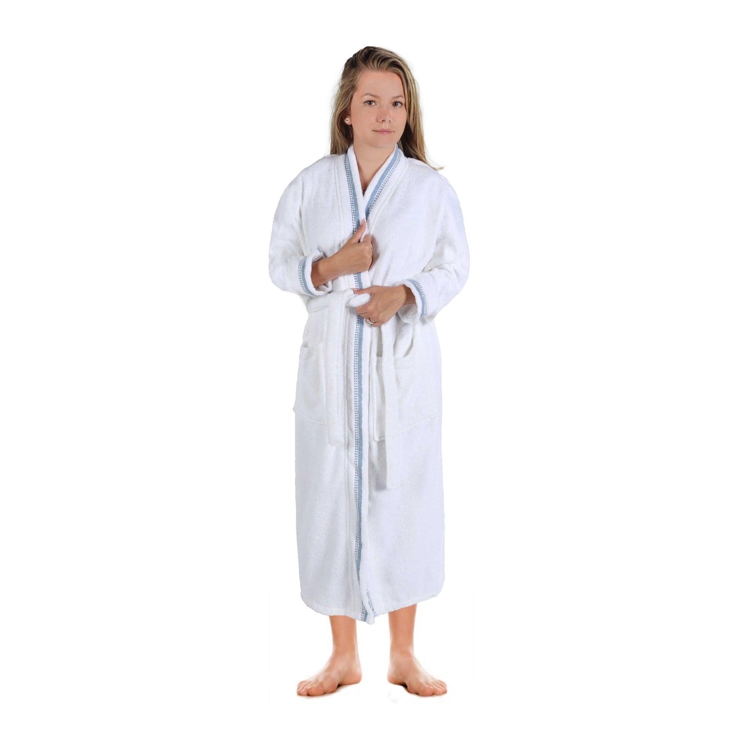 Turkish Cotton Terry Kimono Embroidered Super-Soft Unisex Bathrobe - White-Blue